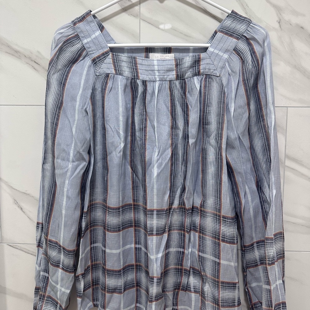 LC Lauren Conrad Square Neck Blue Plaid Top Blouse Long Sleeve Lagenlook size S